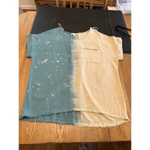 Umgee Blue Beige Colorblock Fringe Tunic Short Sleeve Relaxed Fit XL